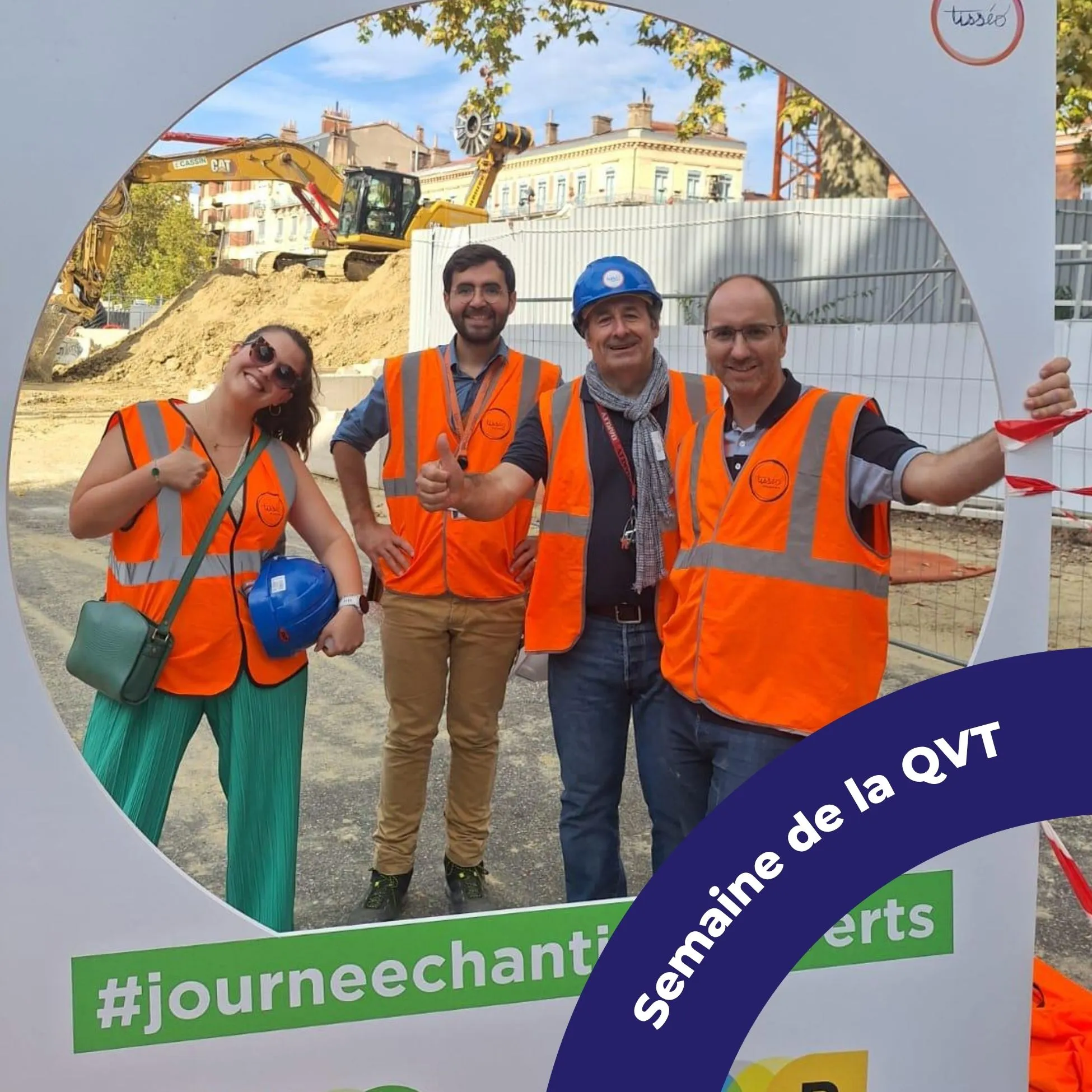 Les collaborateurs de Tisséo Ingénierie dans un cadre photo géant sur le chantier de la station François Verdier-Toulouse